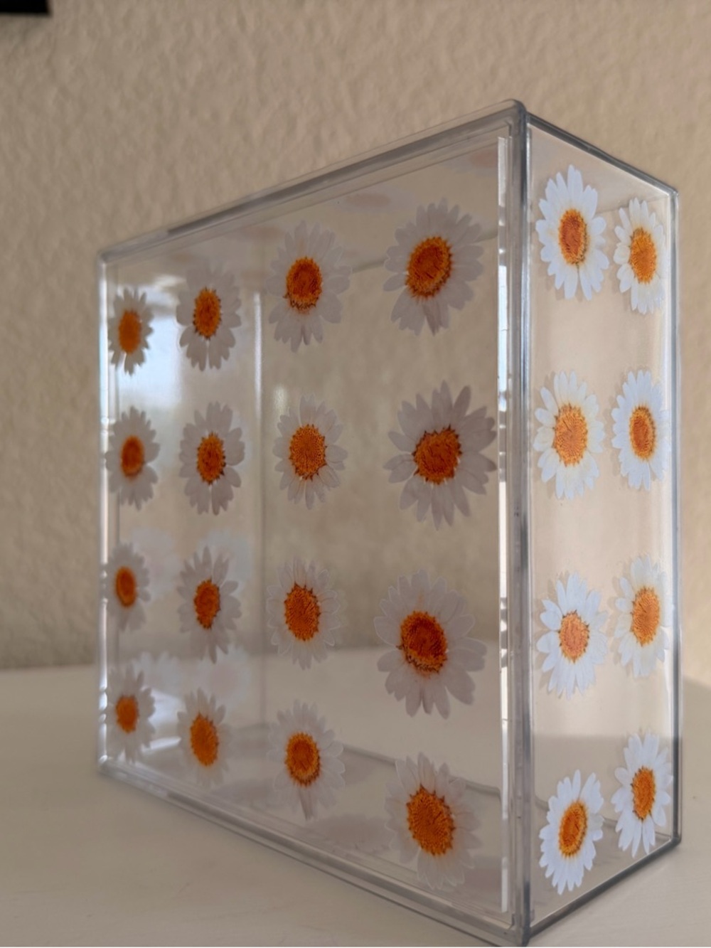 Clear Acrylic Daisy Storage Box - White & Orange Daisy Print